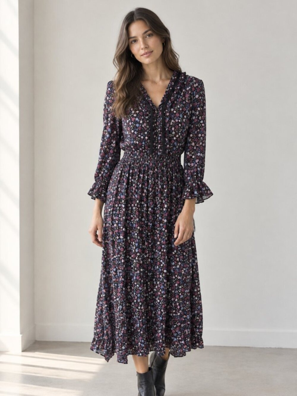 ONLY Floral Boho Midi Dress Bell Sleeve V-Neck Flowy NWT 38 M 0315